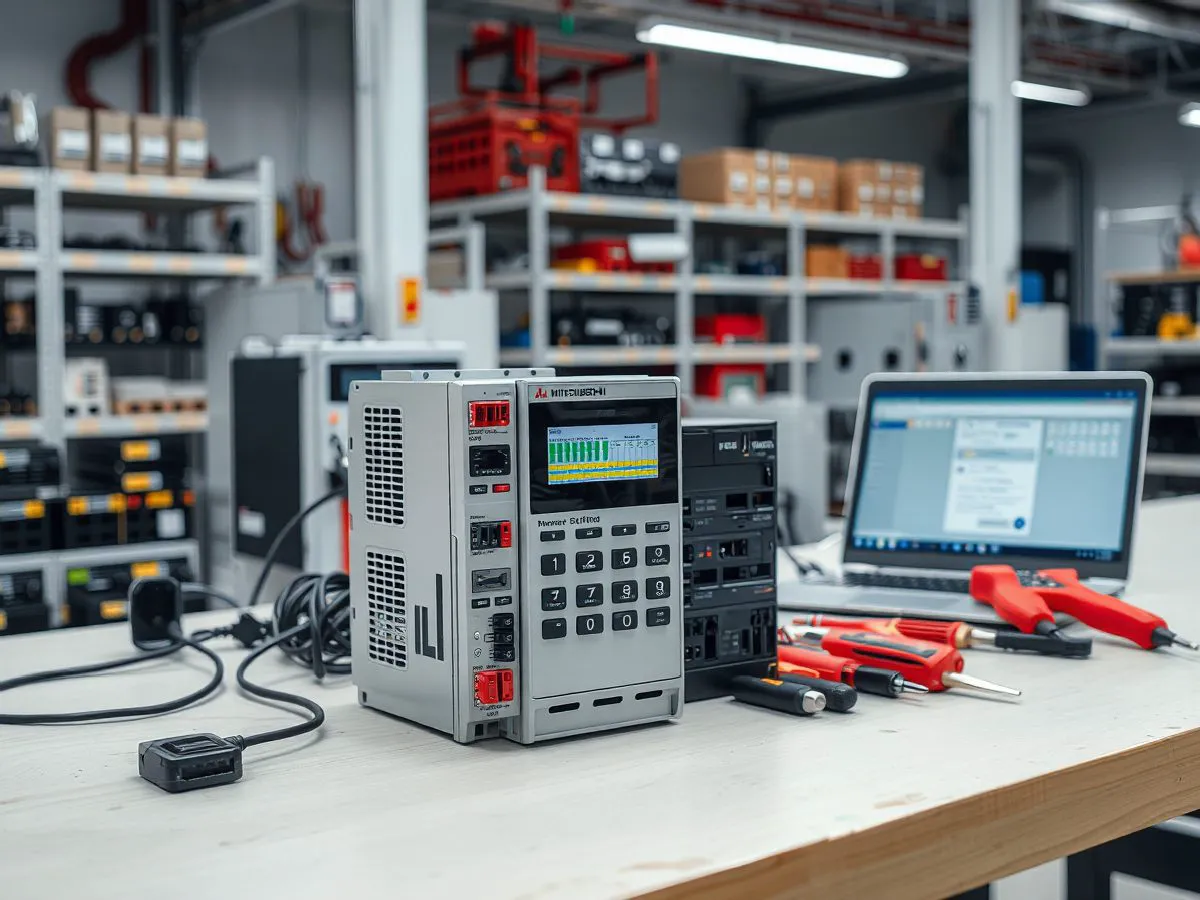 三菱FX3U PLC 放置在工业工作台上，周围有扩展模块和编程设备